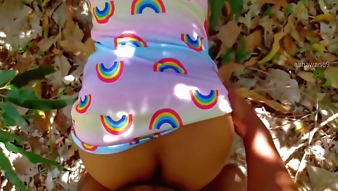 Brunette girl gets licked and fucked outdoors in the jungle