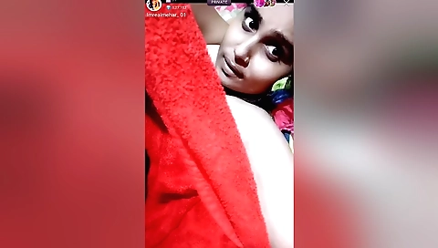 Brunette hairy babe in red dress showing off pussy and hands