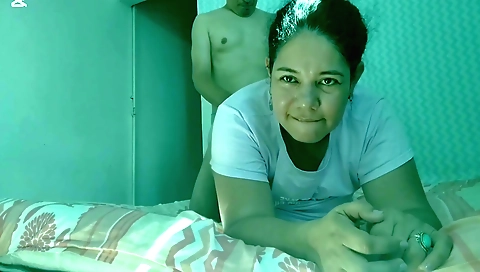 Indian brunette sucks her lover's dick and cums from behind