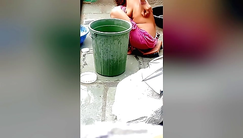 Sexy stepsister in the bath with big nipples and a dildo